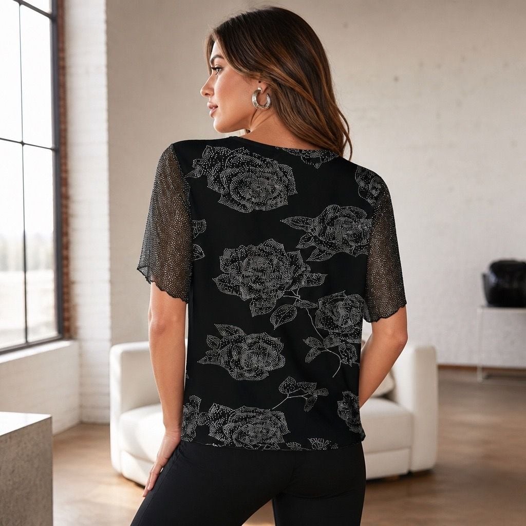 Bila Woman’s Black Navy Blue Sequin Embellished Paisley Floral V-Neck Top