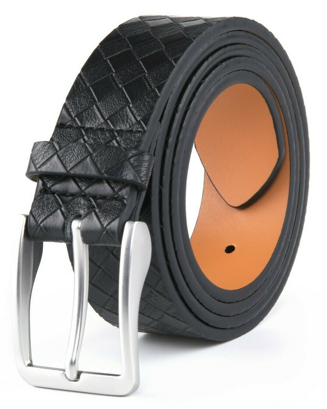 Men’s Grid Pattern Genuine Leather Casual Dress Belt with Single Prong Buckle