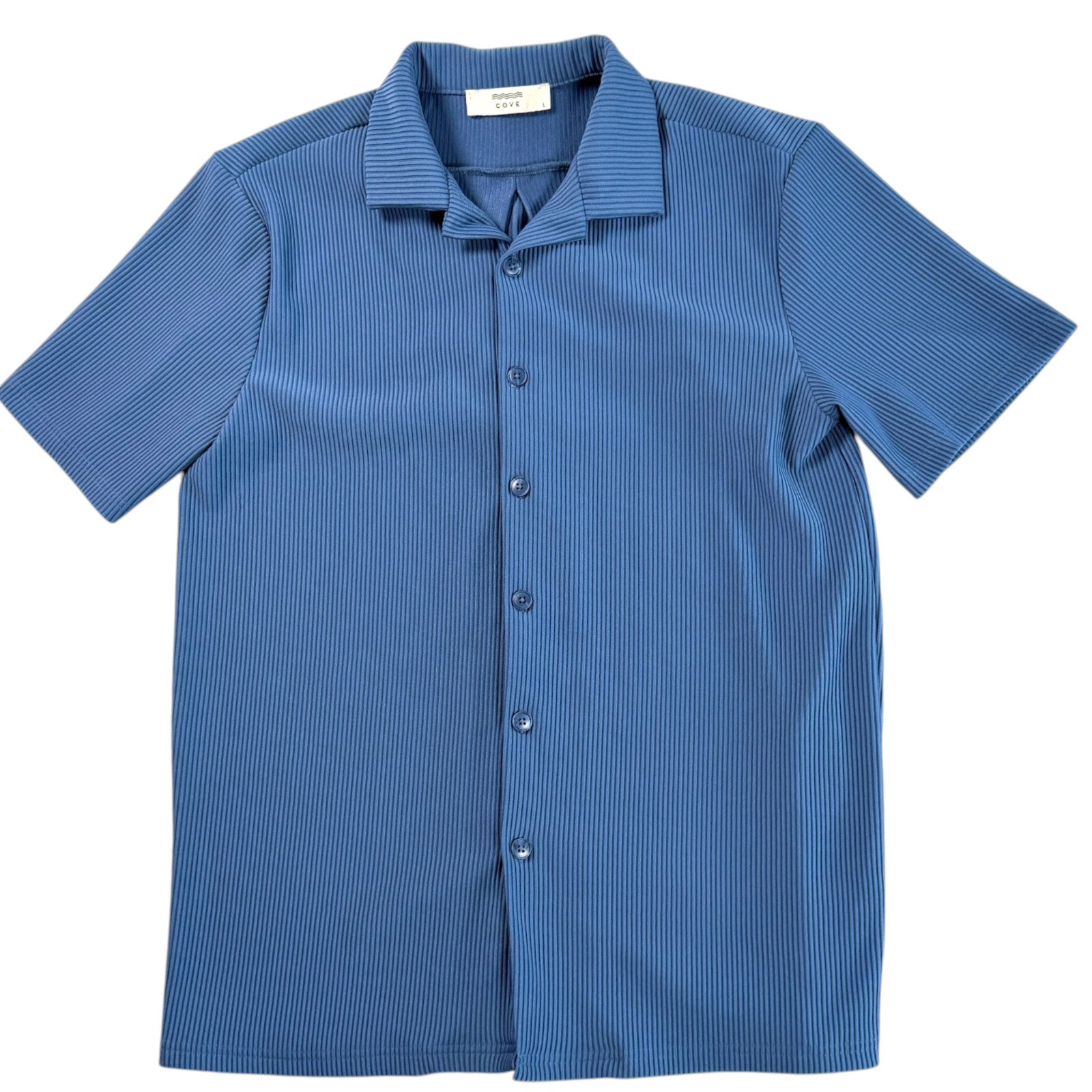 Cove Mens Ribbed Textured Button Front Shirt Sz L Blue Stretch Coastal Resort