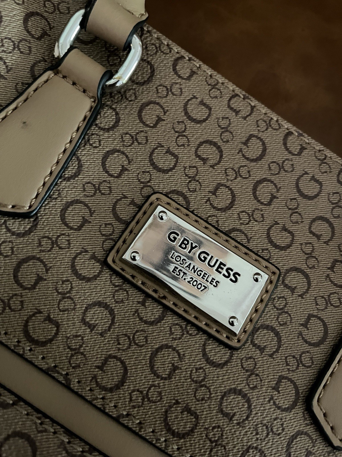 G by GUESS Beige/Brown Logo Satchel Top Handle Bag, Zip, Detachable Strap