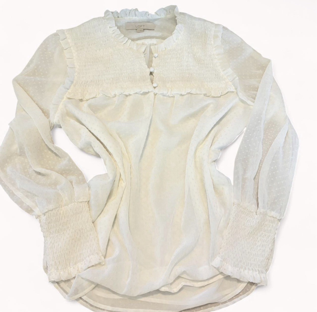 LOFT Ivory Chiffon Sheer Polka Dot Smocked Ruffle High Neck Blouse M