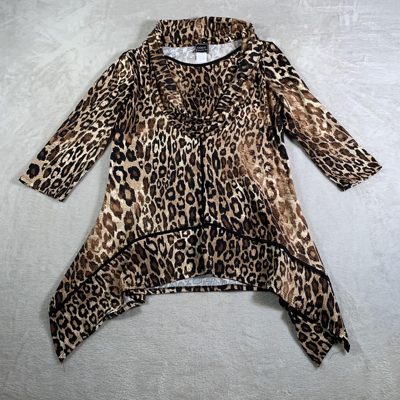 Coco Bianco Tunic Womens Large Leopard Cowl Neck 3/4 Sleeve Hanky Hem Made USA
