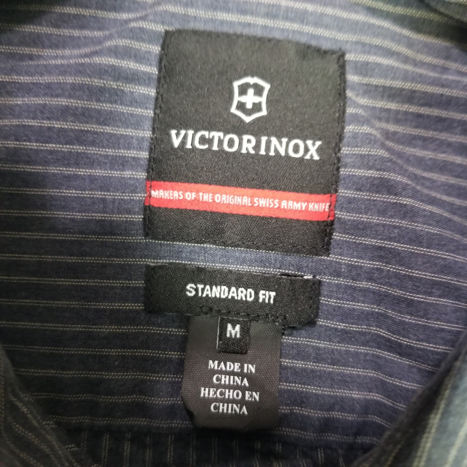 Victorinox Men’s M Dark Blue Pinstripe Button Down Shirt Standard Fit Long Sleev