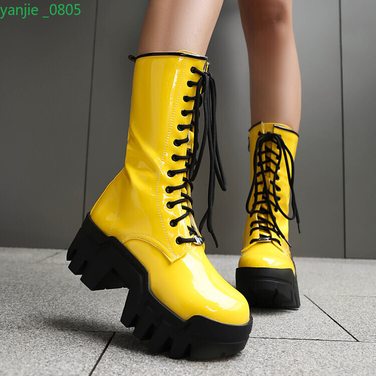 Gothic Women’s Faux Leather Platform Mid Calf Boots Lace Up Shoes Zip Block Heel