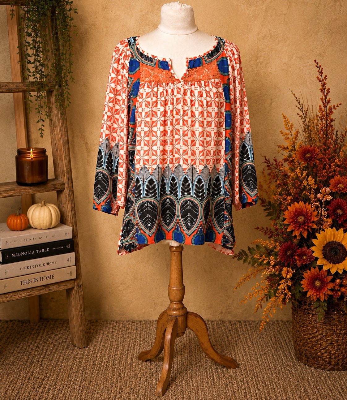 Fig and Flower Women’s L Orange Geometric Split Neck Long Sleeve Blouse