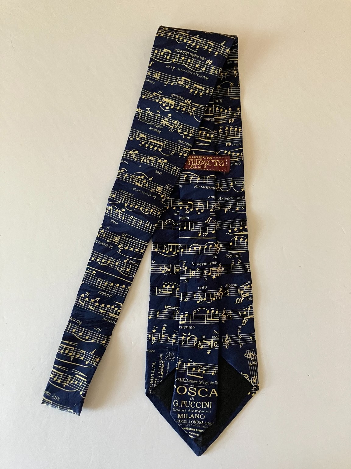MUSEUM ARTIFACTS Men’s Navy Gold Tosca Opera Music Notes Silk Tie Classic 58″