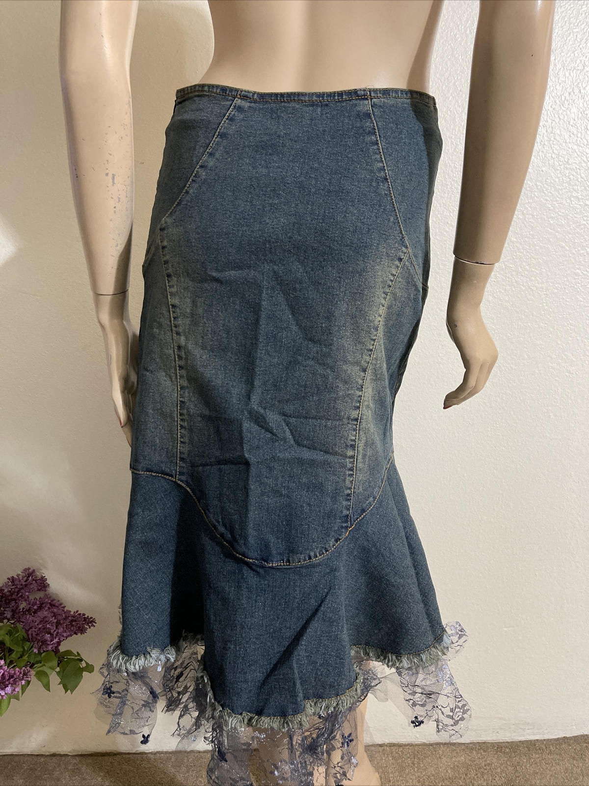 Blue Cotton Denim Beaded Embroidered Ruffles Boho Zip Size XL(10-12) Skirt 3361