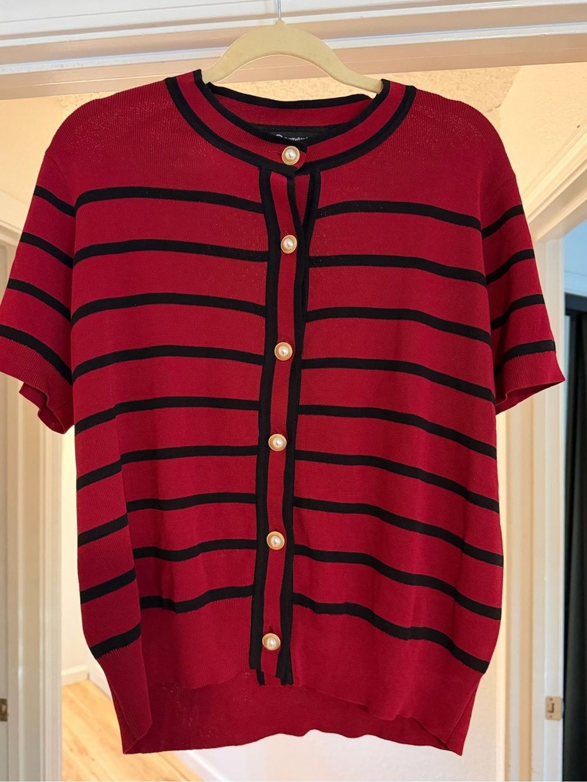 PrettyGarden Red Black Striped Pearl Button Knit Cardigan Top L