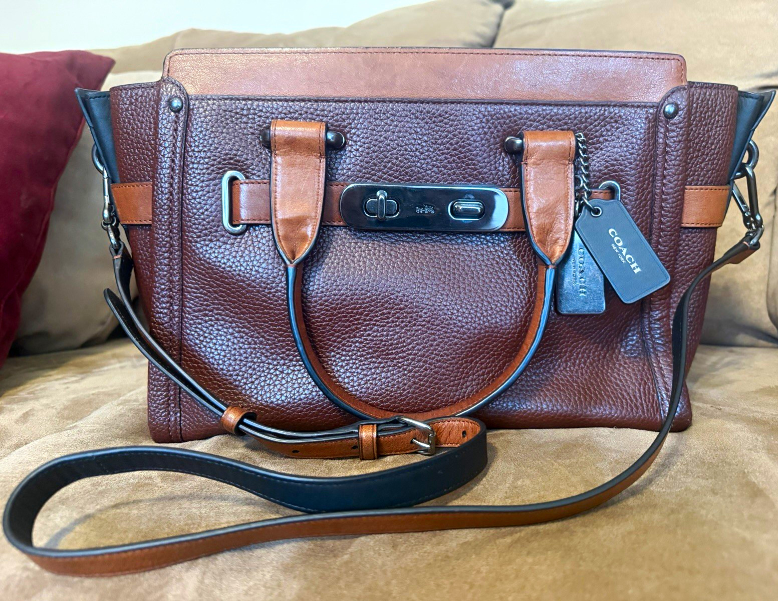 Coach Brown Pebbled Satchel Top Handle, Detachable Strap, Turn Lock Zip