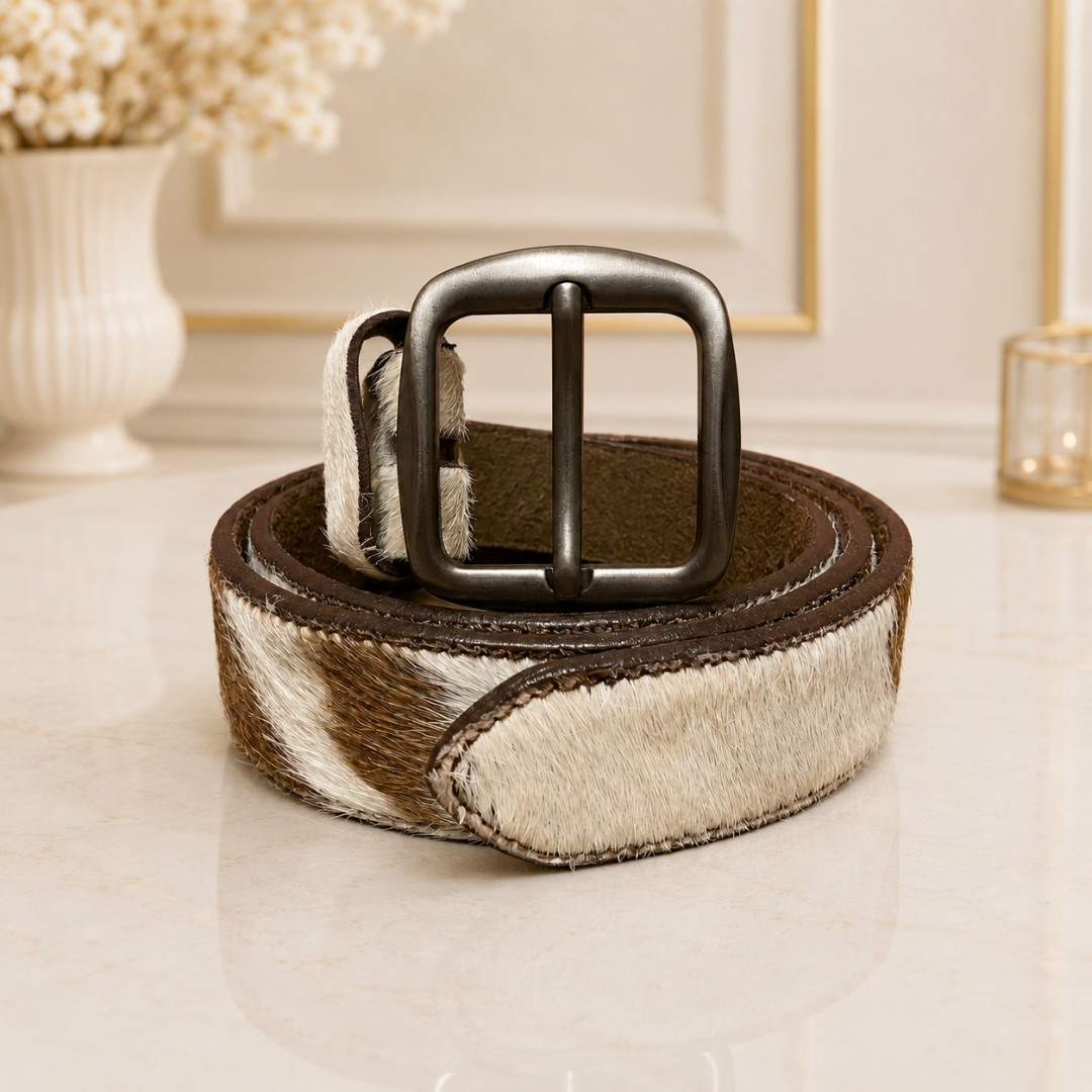 Handmade Brown White Hair-On Cowhide Leather Belt Western Gunmetal Buckle