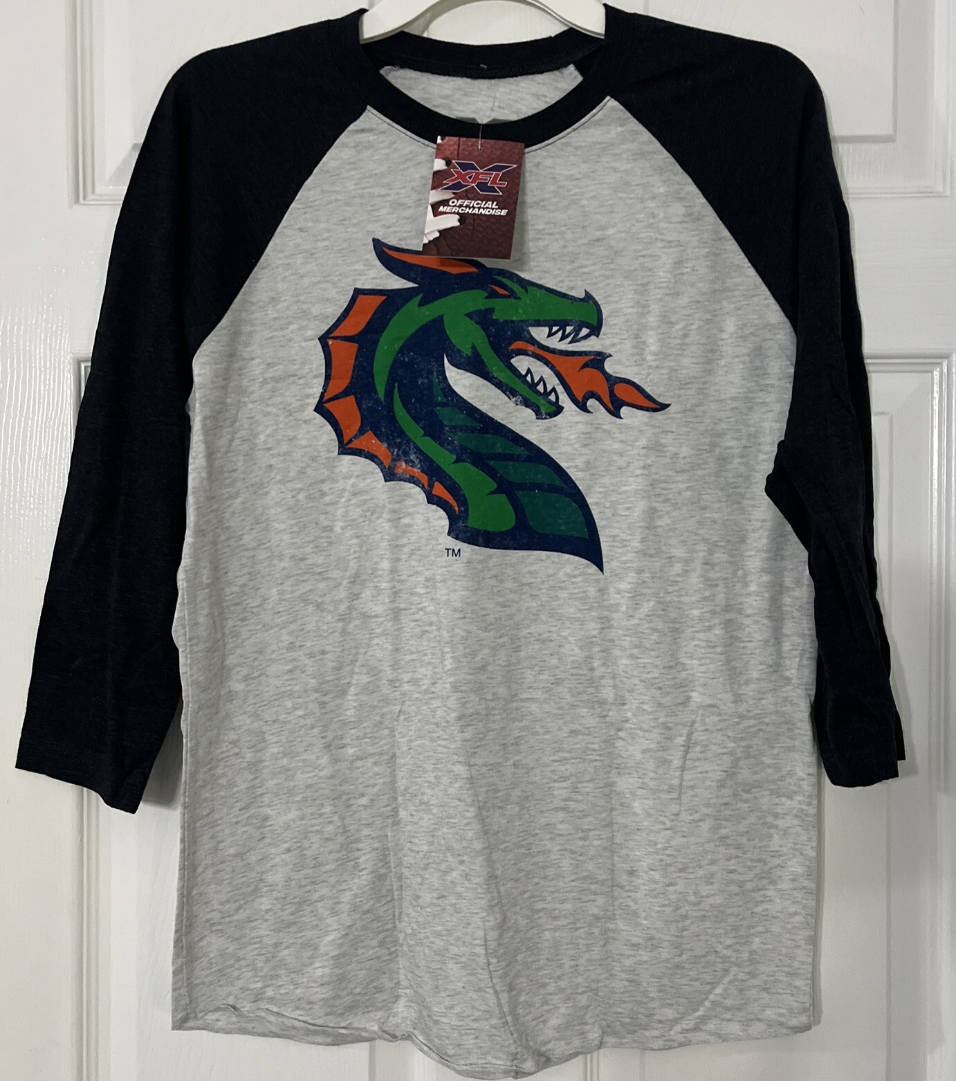 XFL Men’s Seattle Dragons Baseball Tee 3/4 Sleeve T-Shirt, Gray/black Size Small