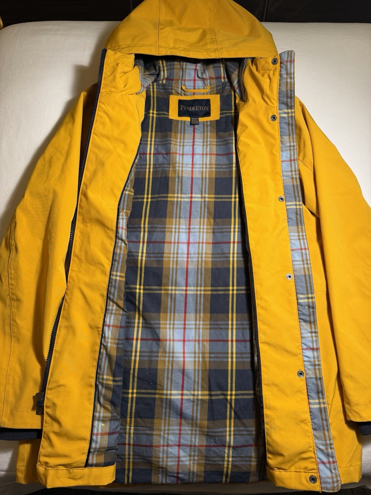 Vintage Pendleton Women’s Rain Slicker Jacket Yellow Hooded Plaid Lined Size S