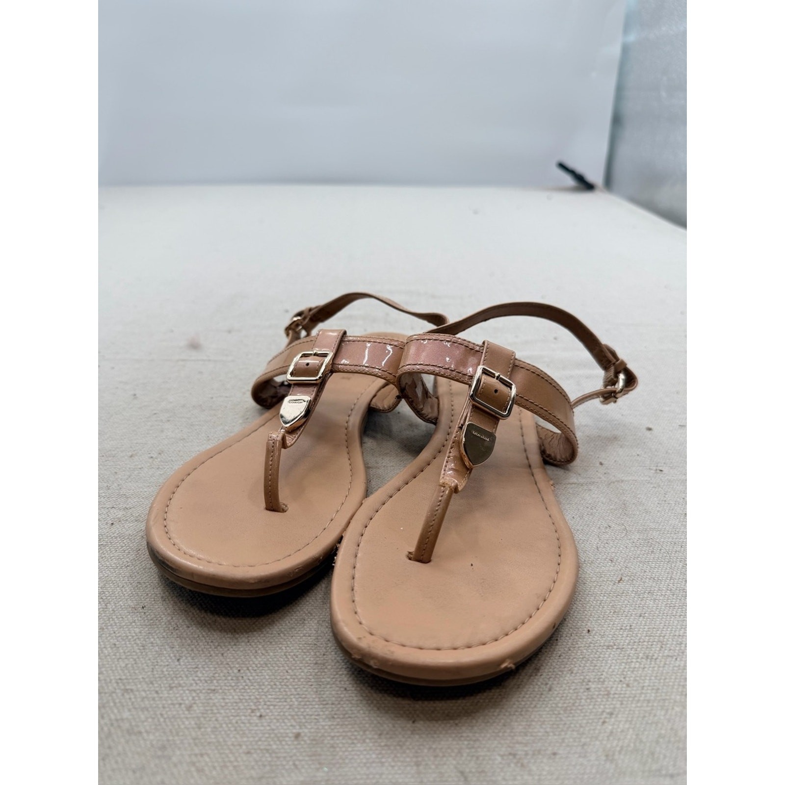 Coach Cassidy Nude/Tan Leather T-Strap Sandals with Buckle