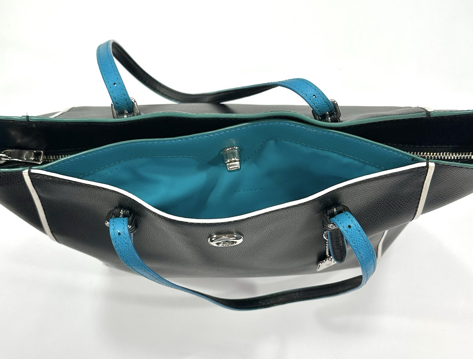 Coach Turnlock Tote Bag Edgestain Leather 38323 Black / Turquoise Blue Zipper
