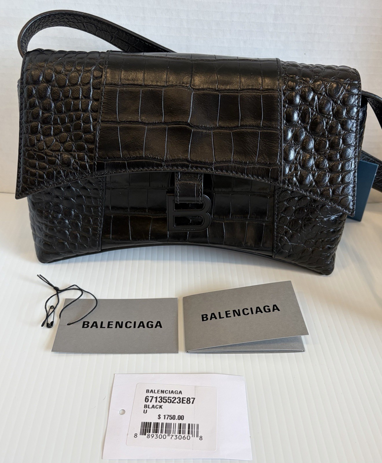 Pre Owned Black Croc Embossed Leather Balenciaga Shoulder Crossbody Handbag VGUC