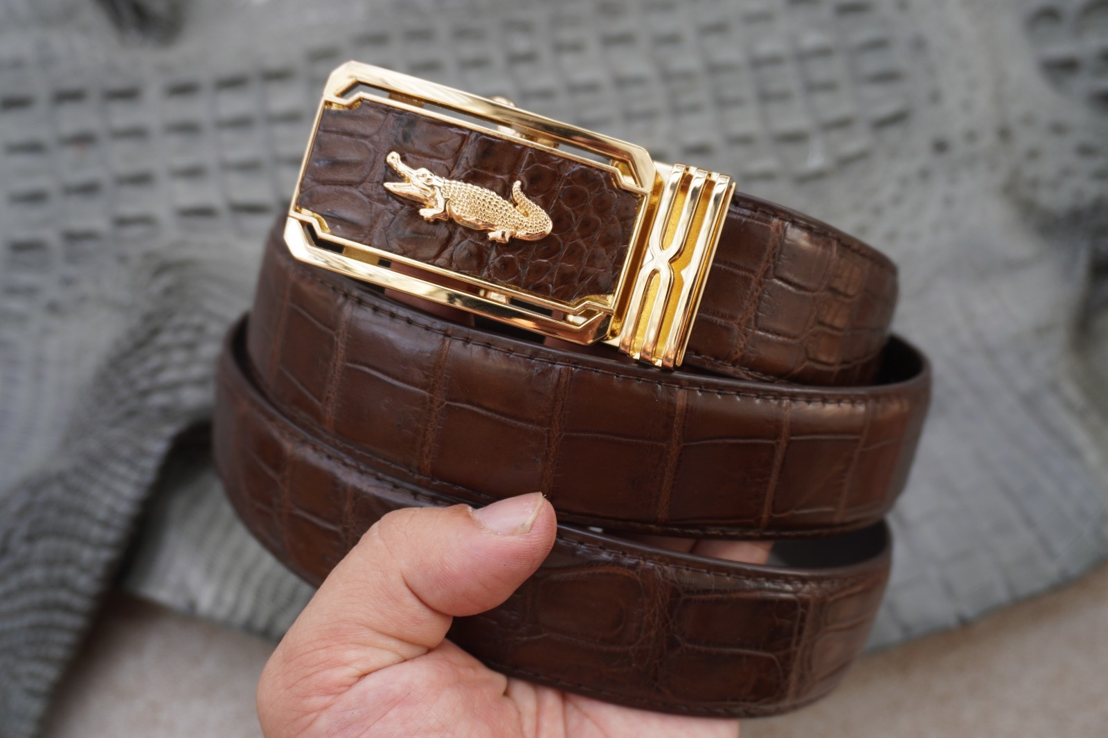 W1.3 inch Brown Genuine Crocodile Belly Leather Skin Men’s Belt Buckle #R63