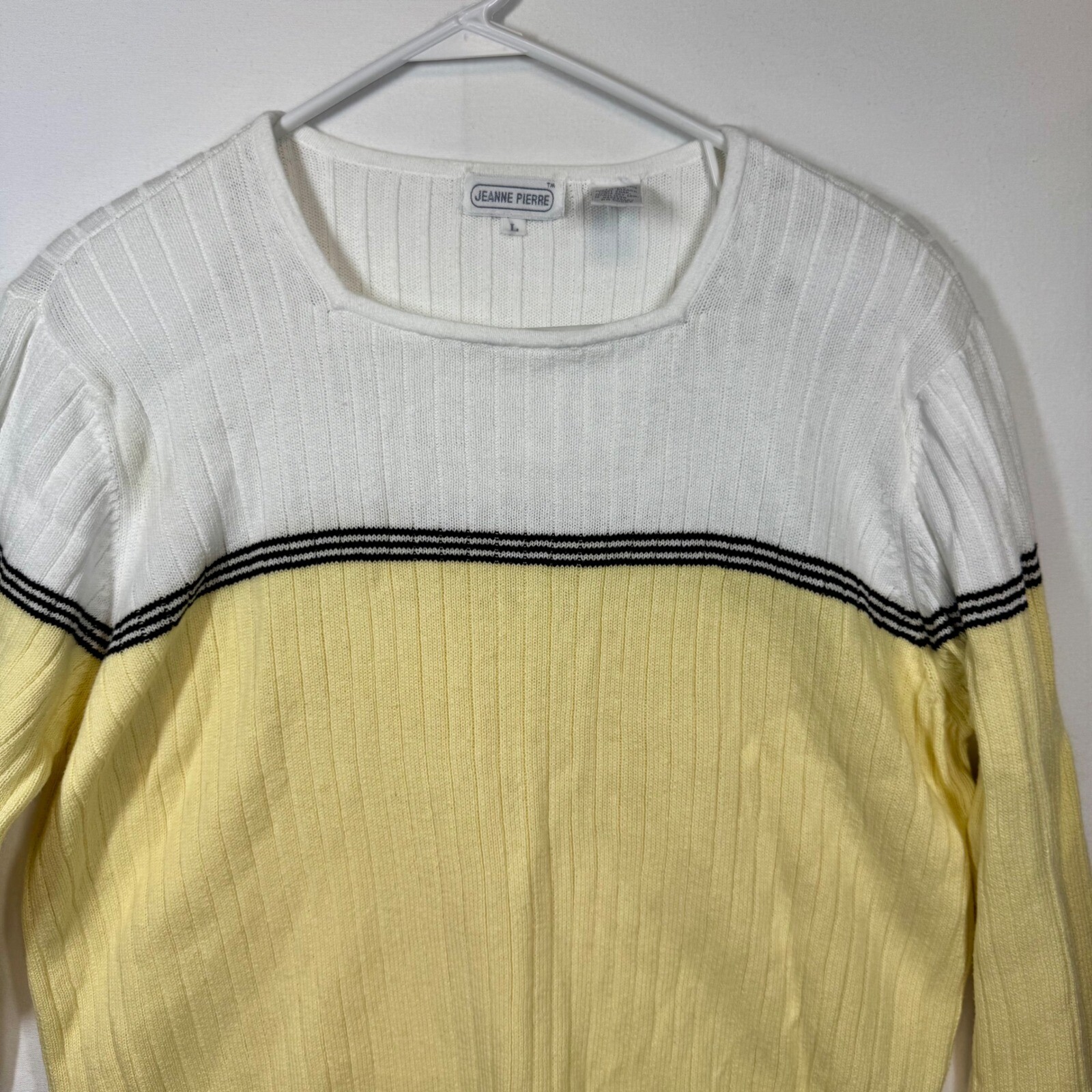 Jeanne Pierre Cotton Knit Sweater Striped Color Block Top White Yellow Sz Large