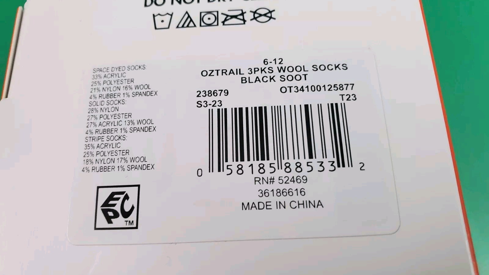 Men’s Ozark Trail Wool Blend Crew Socks 3 Pair Size 6-12 Black Soot