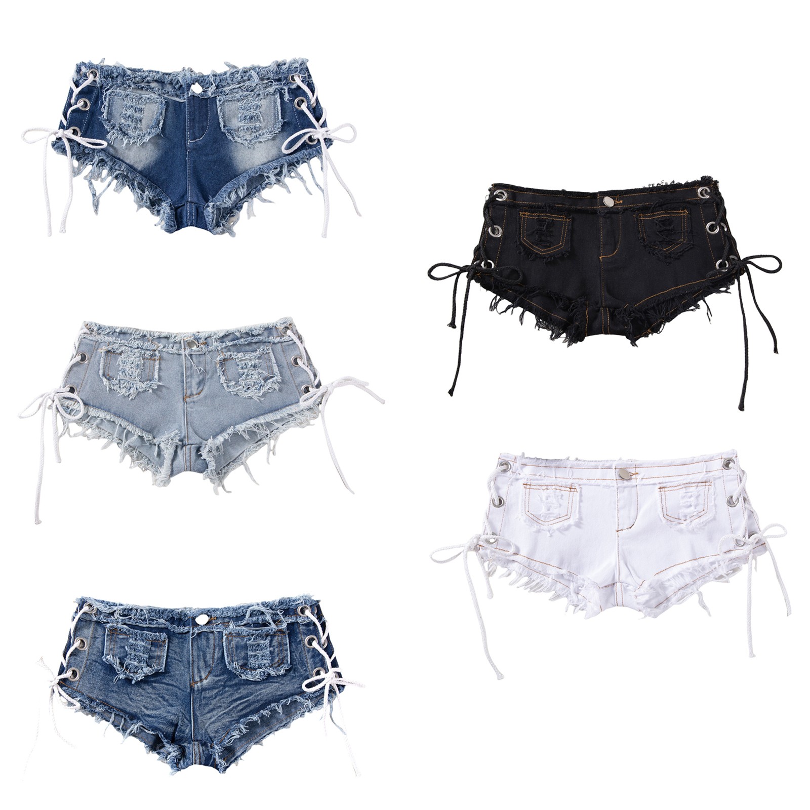 US YiZYiF Men Cut Off Low Rise Denim Ripped Shorts Distressed Side Tie Clubwear