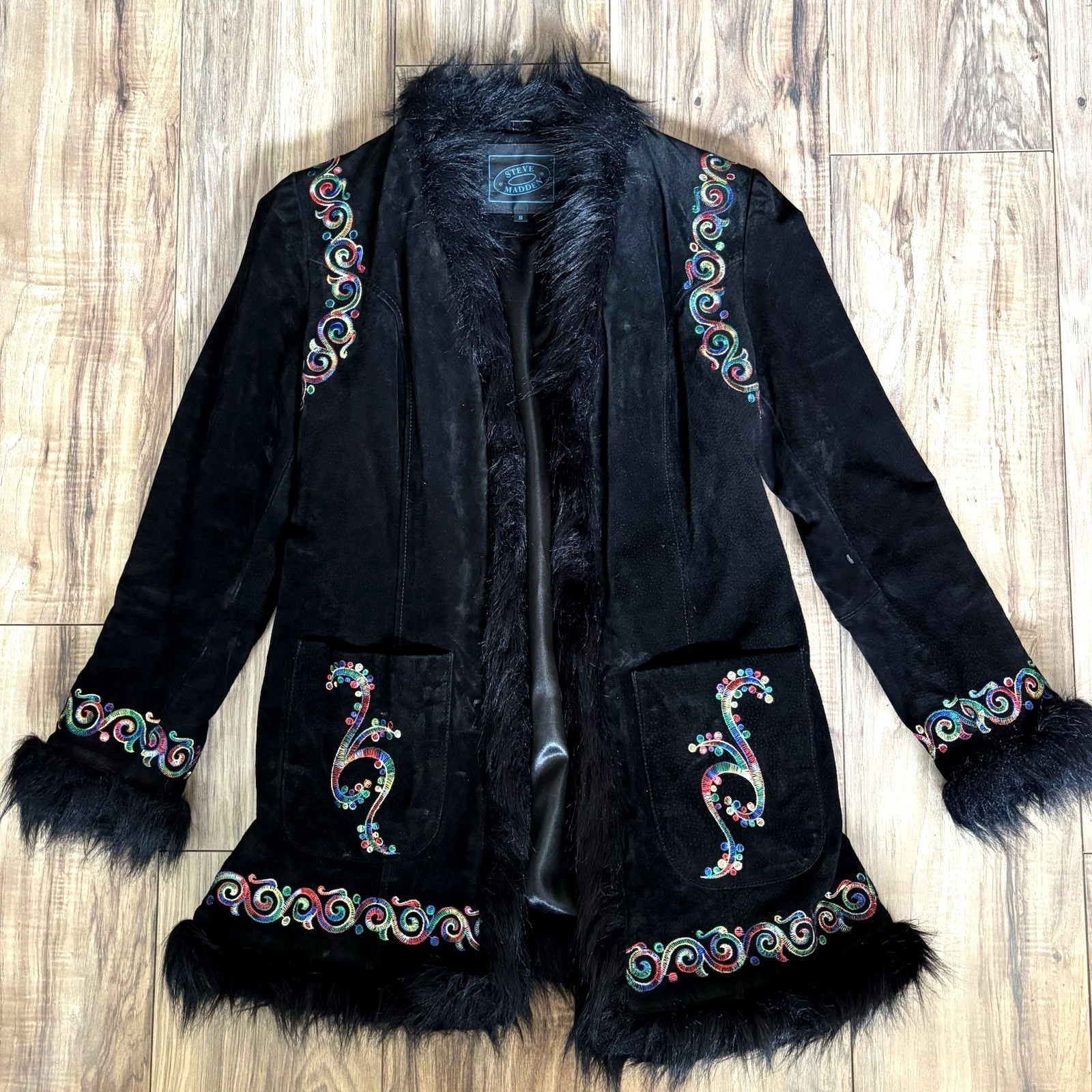 Vintage 90s Steve Madden Black Suede Faux Fur Rainbow Embroidered Afghan Coat S