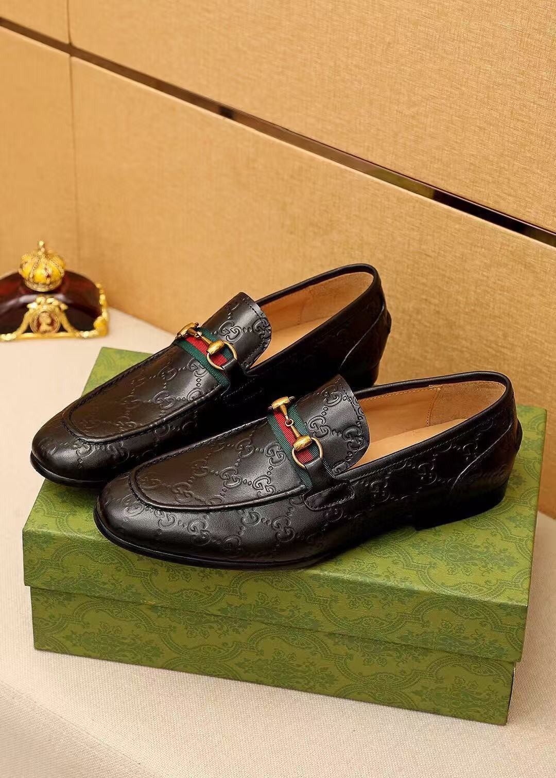 Gucci Men’s Horsebit Web GG Loafers Black Leather Slip On Dress Shoes