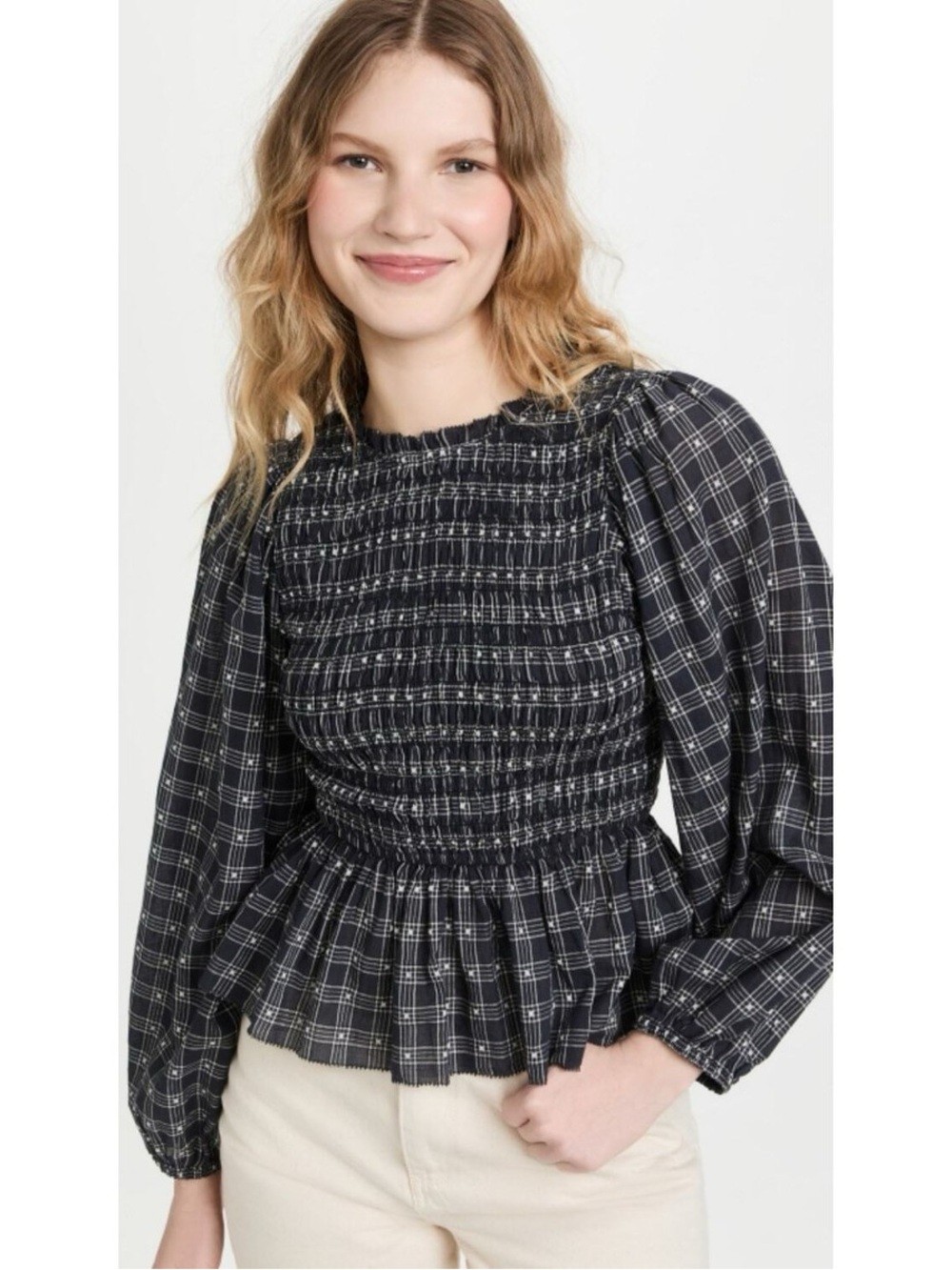 THE GREAT. Smocked Plaid Long-Sleeve Peplum Top