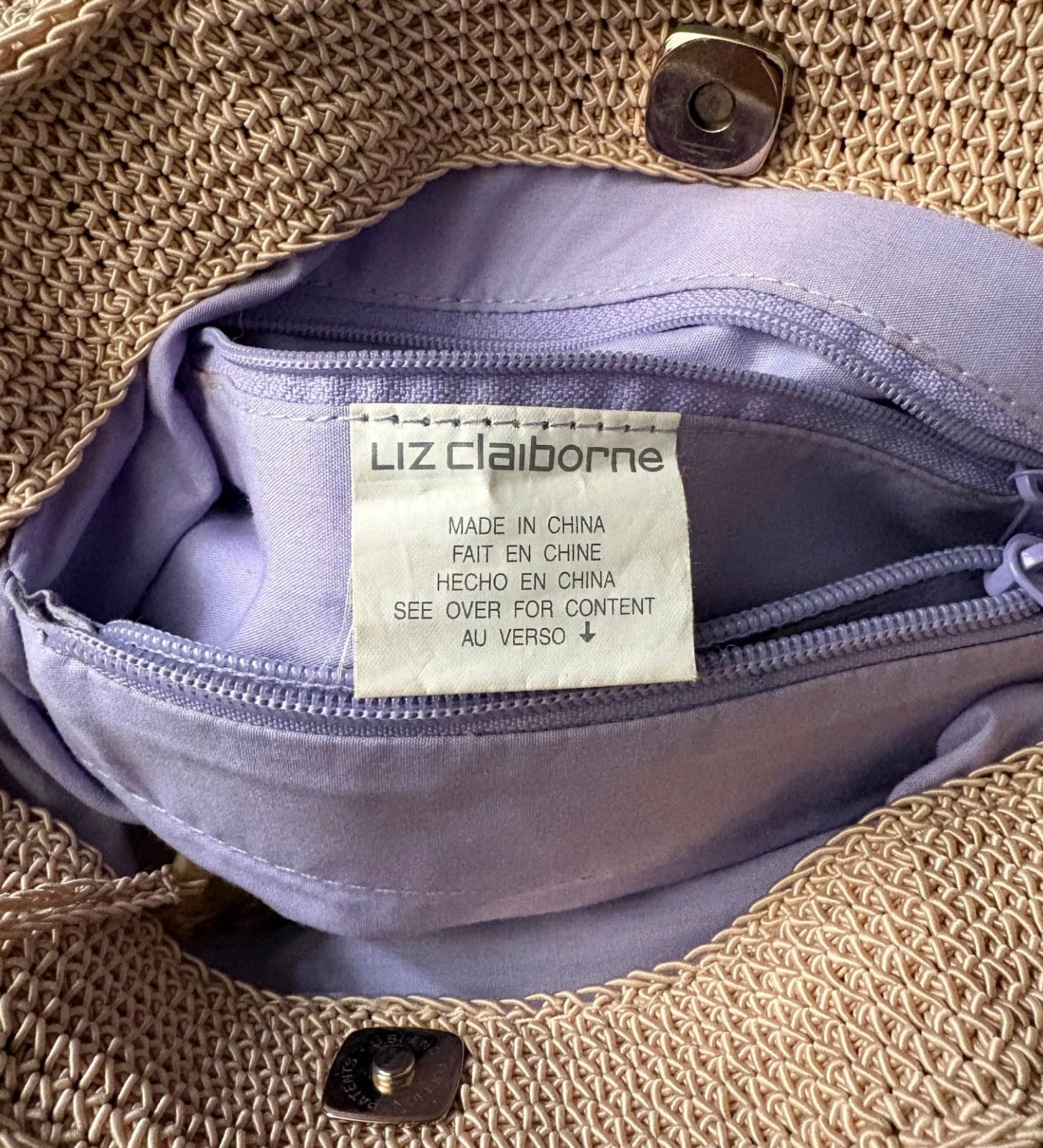 Vintage Liz Claiborne Crochet Macrame Purse Bag Bamboo Handles Purple Lining