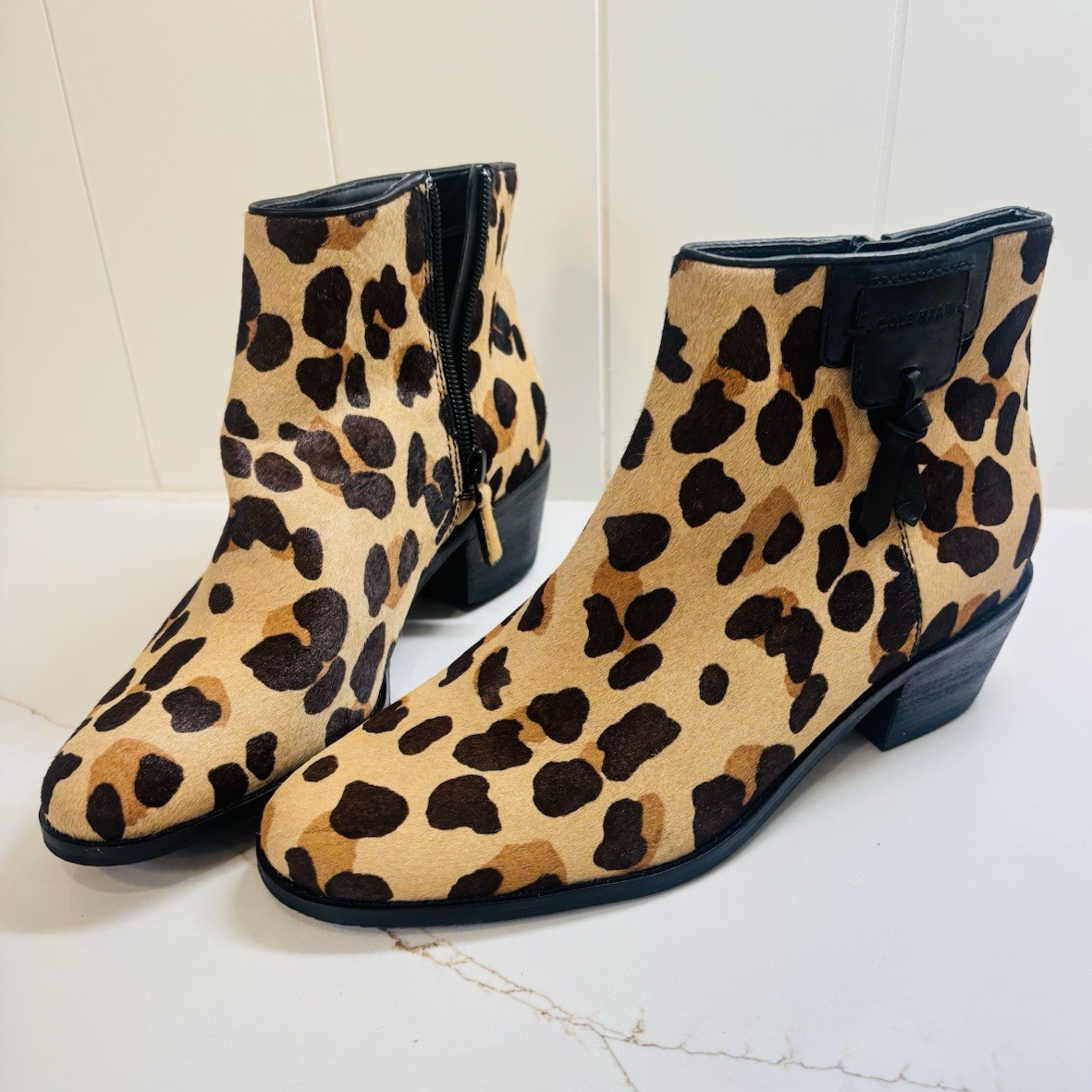Cole Haan Womens Animal Print Faux Fur Ankle Bootie Zip Almond Toe US 8