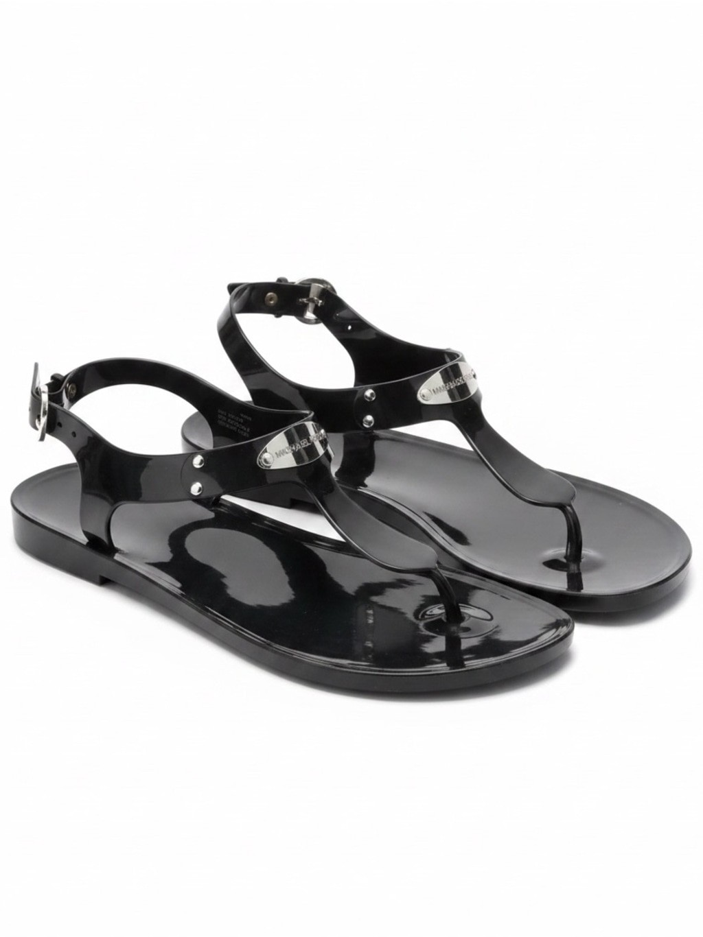 Michael Kors MK Plate Jelly Thong Sandals Black PVC Logo Plate Ankle Strap Sz 8
