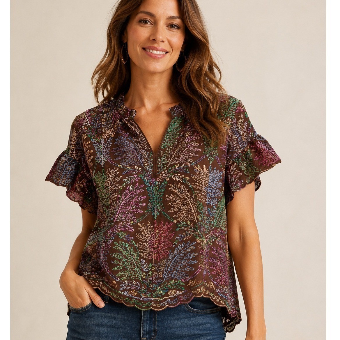 Democracy PM Brown Embroidered Boho Top Flutter Sleeve Eyelet Scalloped Hem
