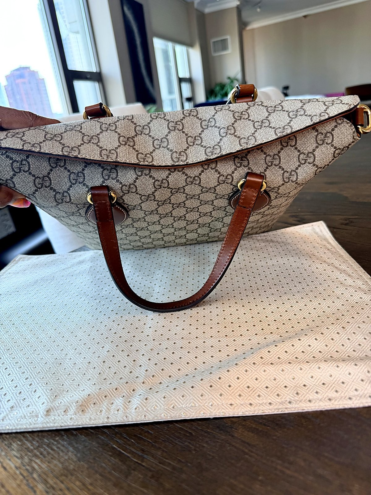 Authentic Gucci GG Supreme Monogram Canvas Tote Bag Brown Leather Trim Handbag