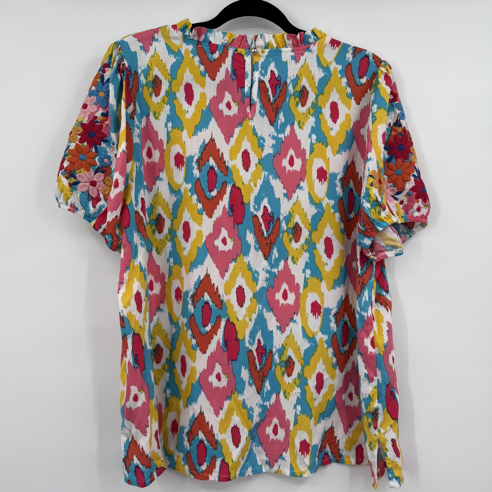 Savanna Jane Blouse Womens Large Multicolor Tunic Puff Sleeve Embroidered Floral