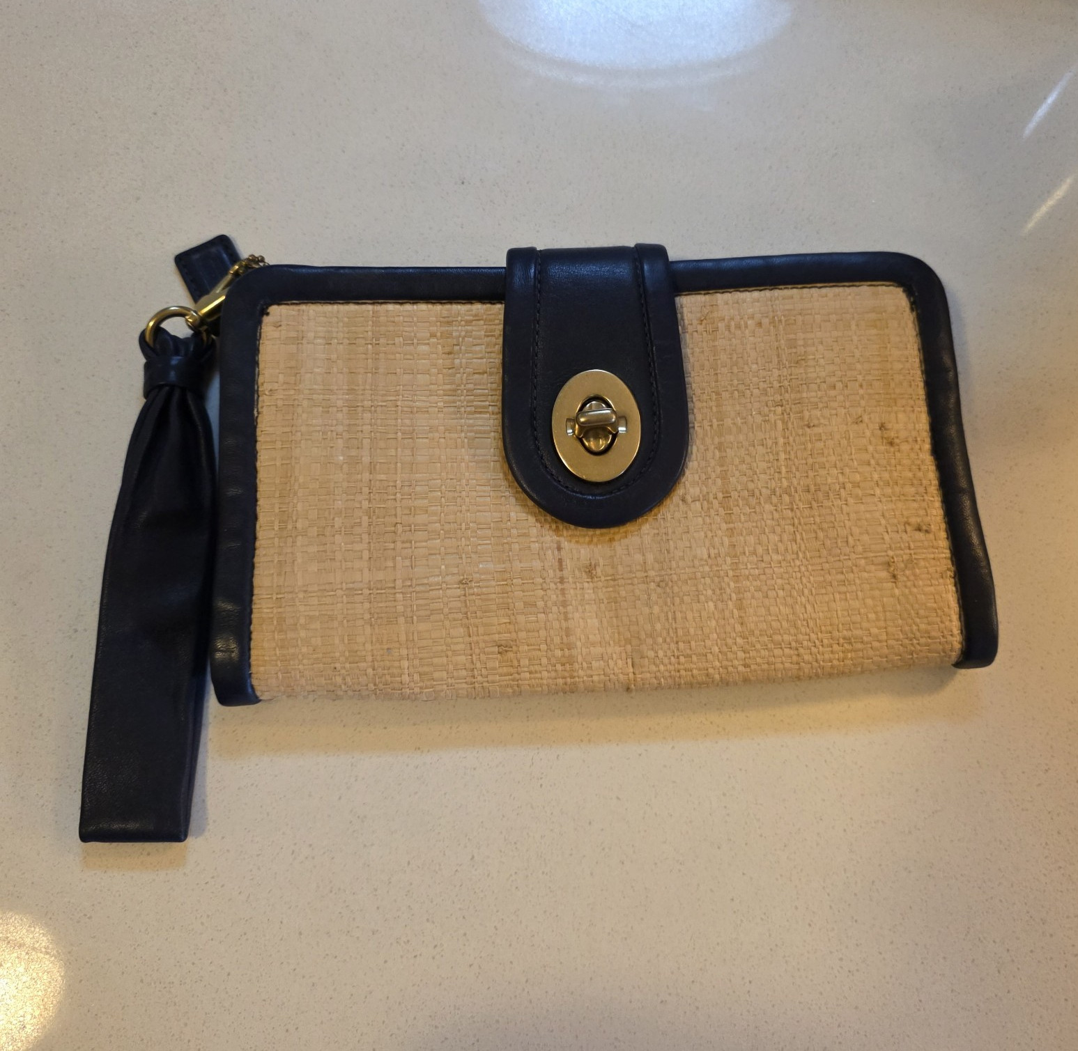 Coach Beige Black Wristlet Zip Clutch Turn Lock Gold Hardware Lined Pockets