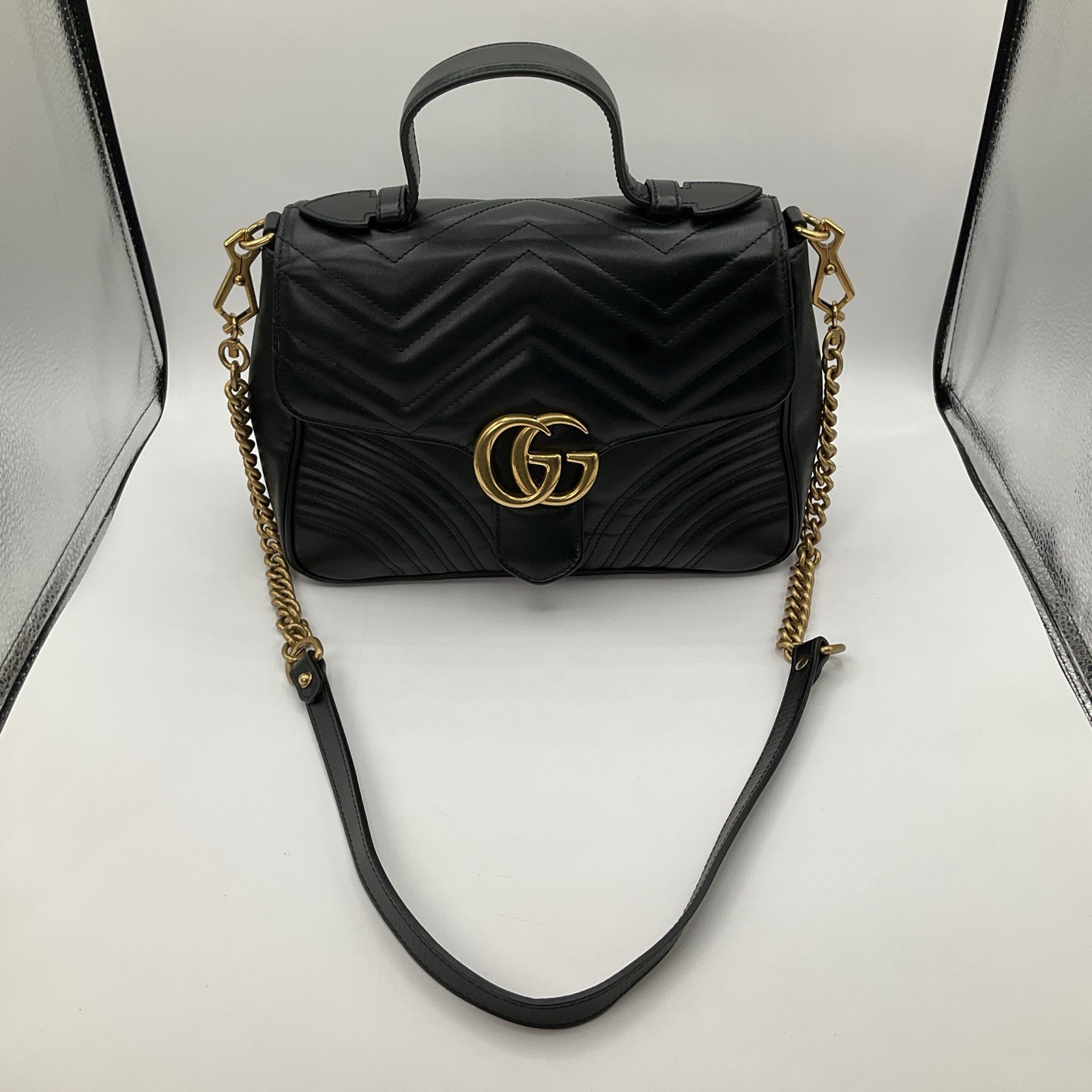 Gucci GG Marmont Matelasse Small Top Handle Black Leather Bag Purse