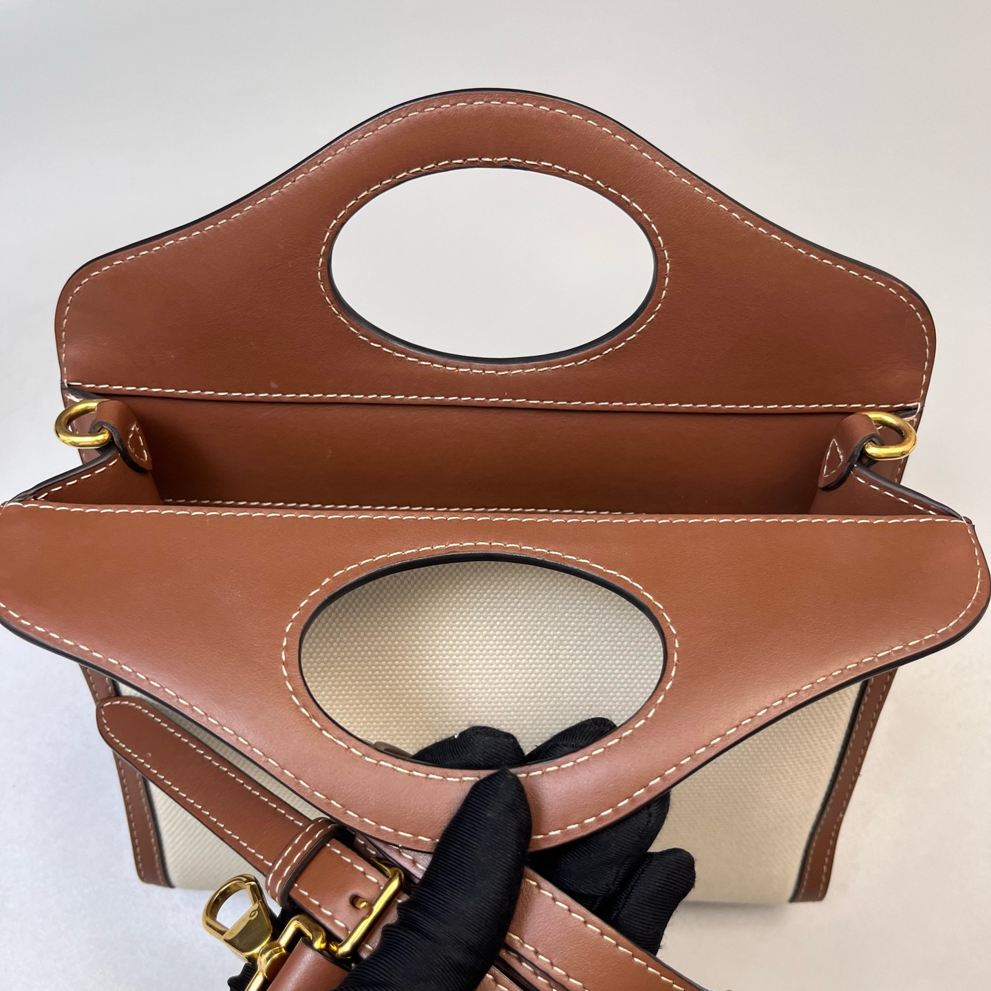 Authentic Burberry Pocket Canvas and Leather Top Handle Bag Beige and Brown