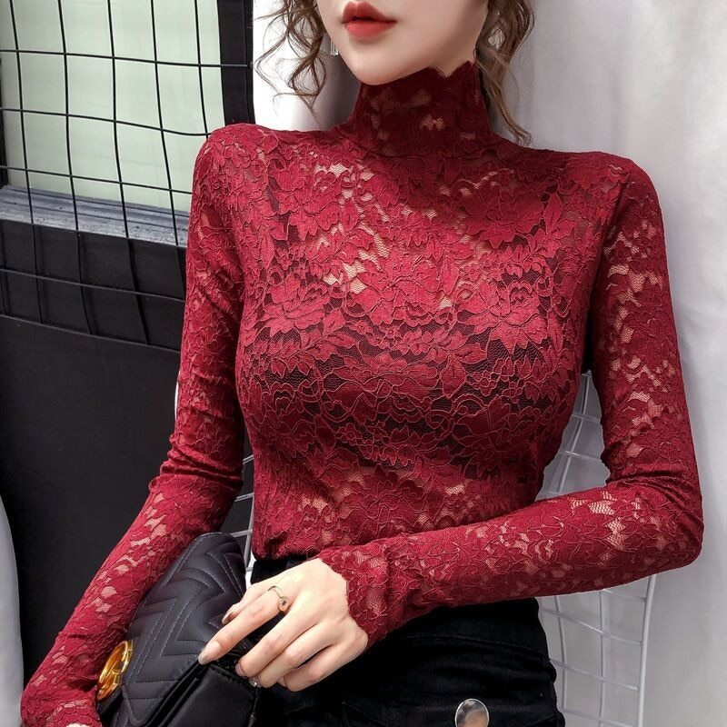 Half High Collar Lace Bottomed Blouse Mesh Hollow Out Long Sleeve Shirt Plush