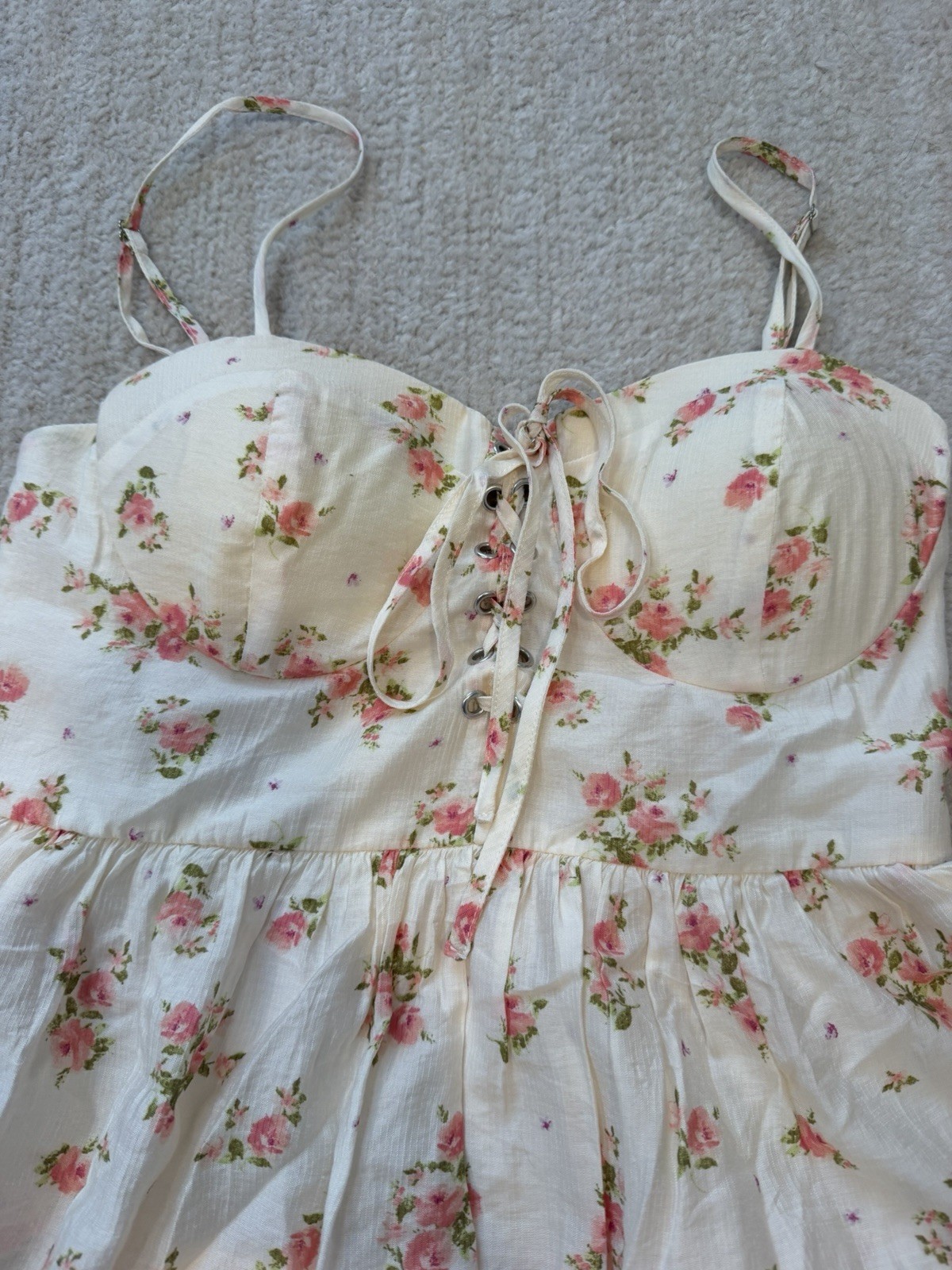 Altar’d State Ivory Pink Green Floral Sweetheart Smocked Lace-Up Mini Dress S