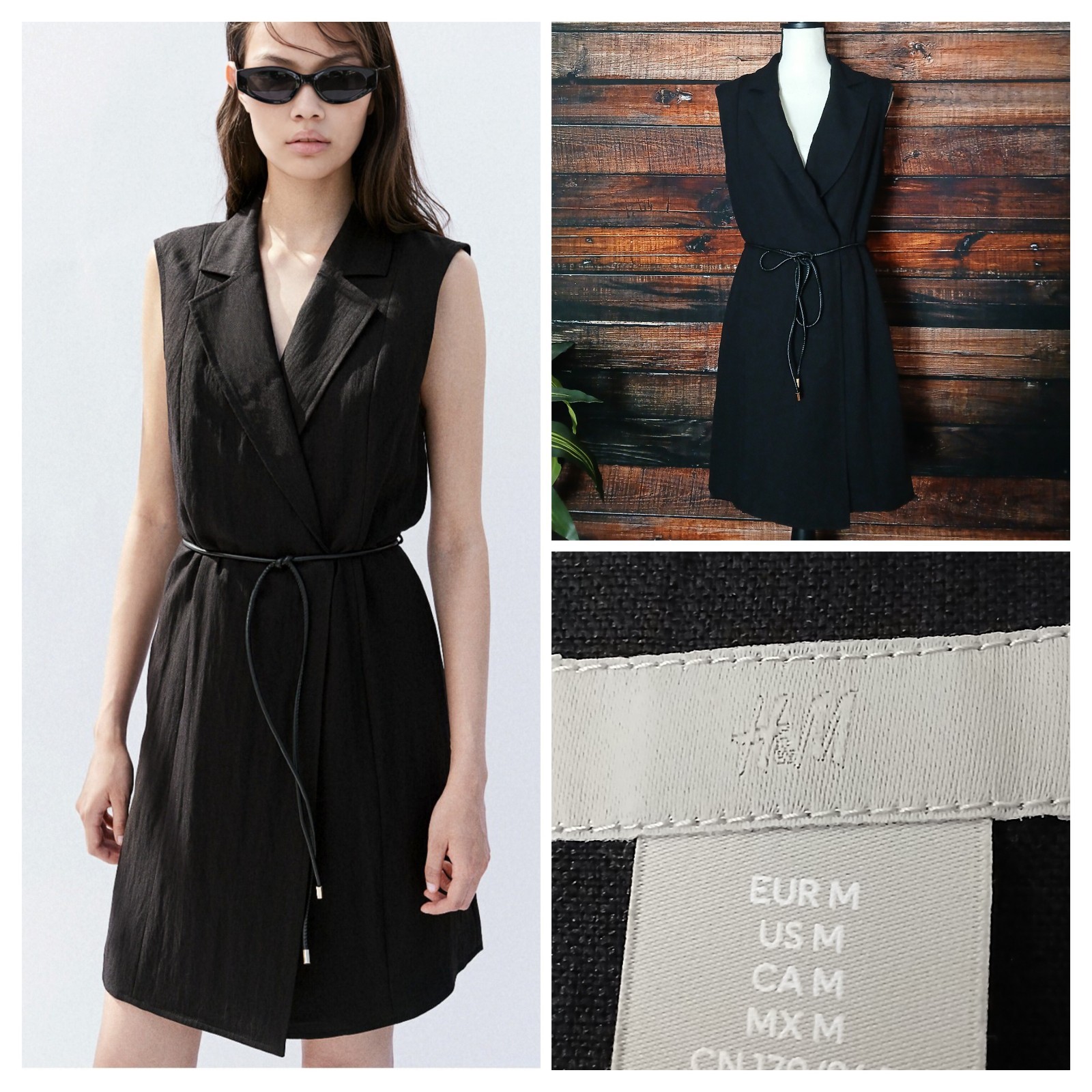 H&M Wrap Blazer Dress Size M Tie Belt Sleeveless Lined Black