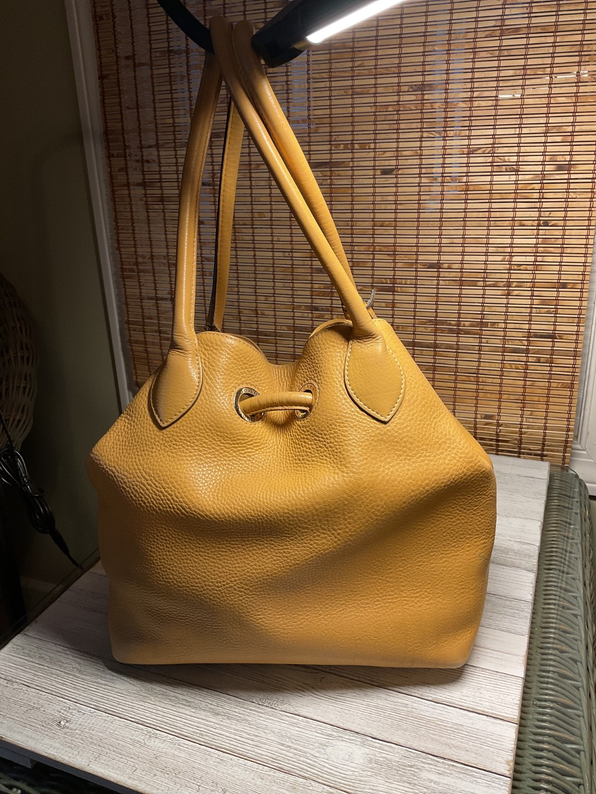 Dooney & Bourke Portofino Yellow Leather Grommet Drawstring Large Shopper Bag