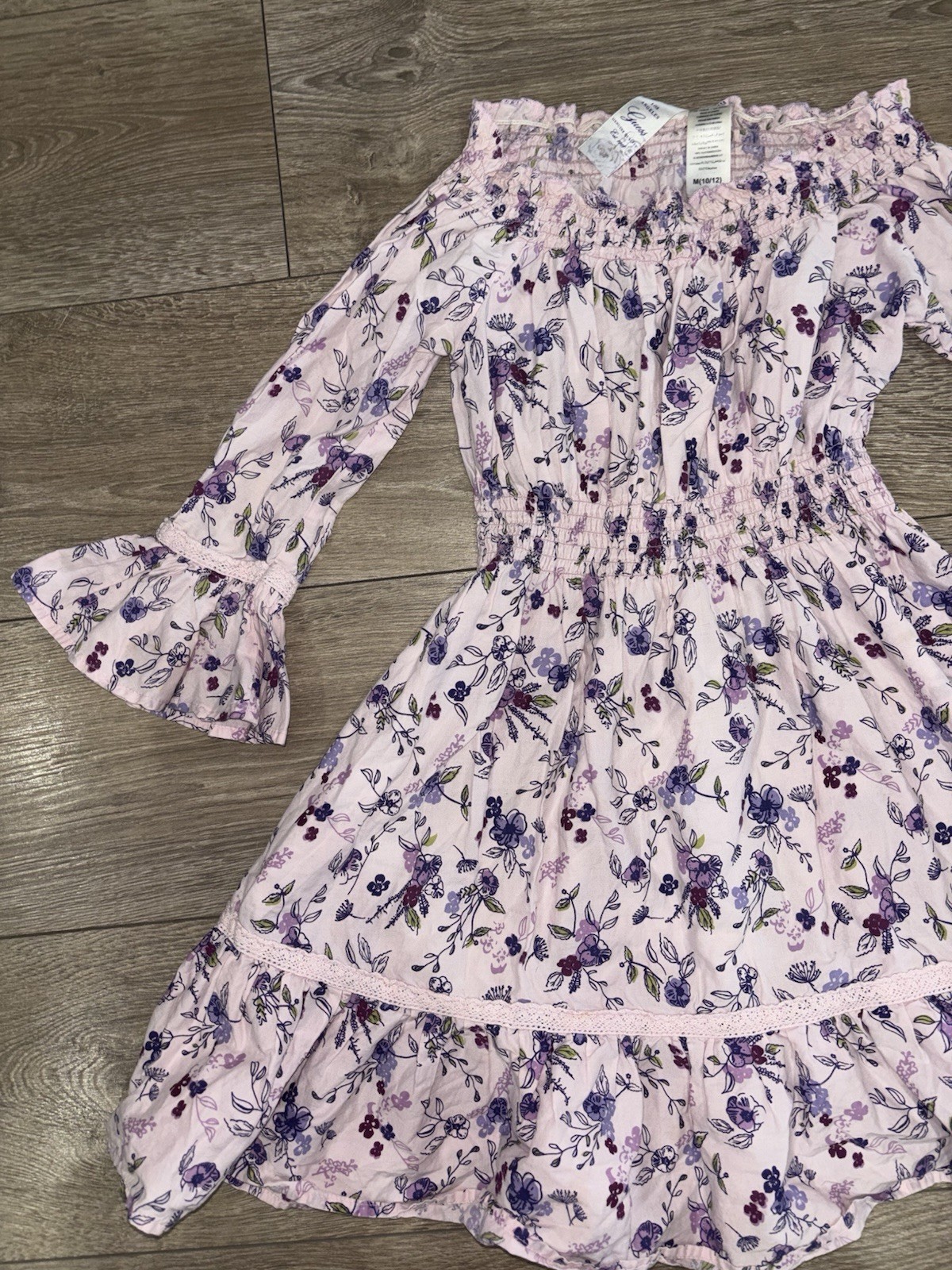 Guess Floral Off Shoulder Smocked Dress Girls M 10/12 Fits Women’s XS/S Boho