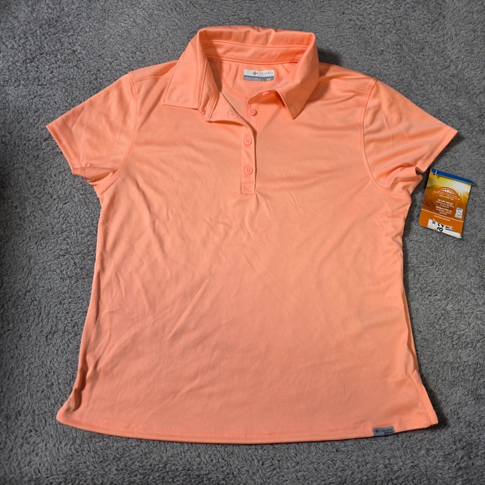 Columbia Womens S Tidal Tee SS Polo Coral PFG Omni-Shade UPF 50 FL2697-807