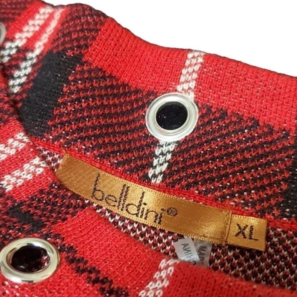 Belldini Red Plaid Knit Sweater with Metal Grommets Classic Holiday Pattern XL