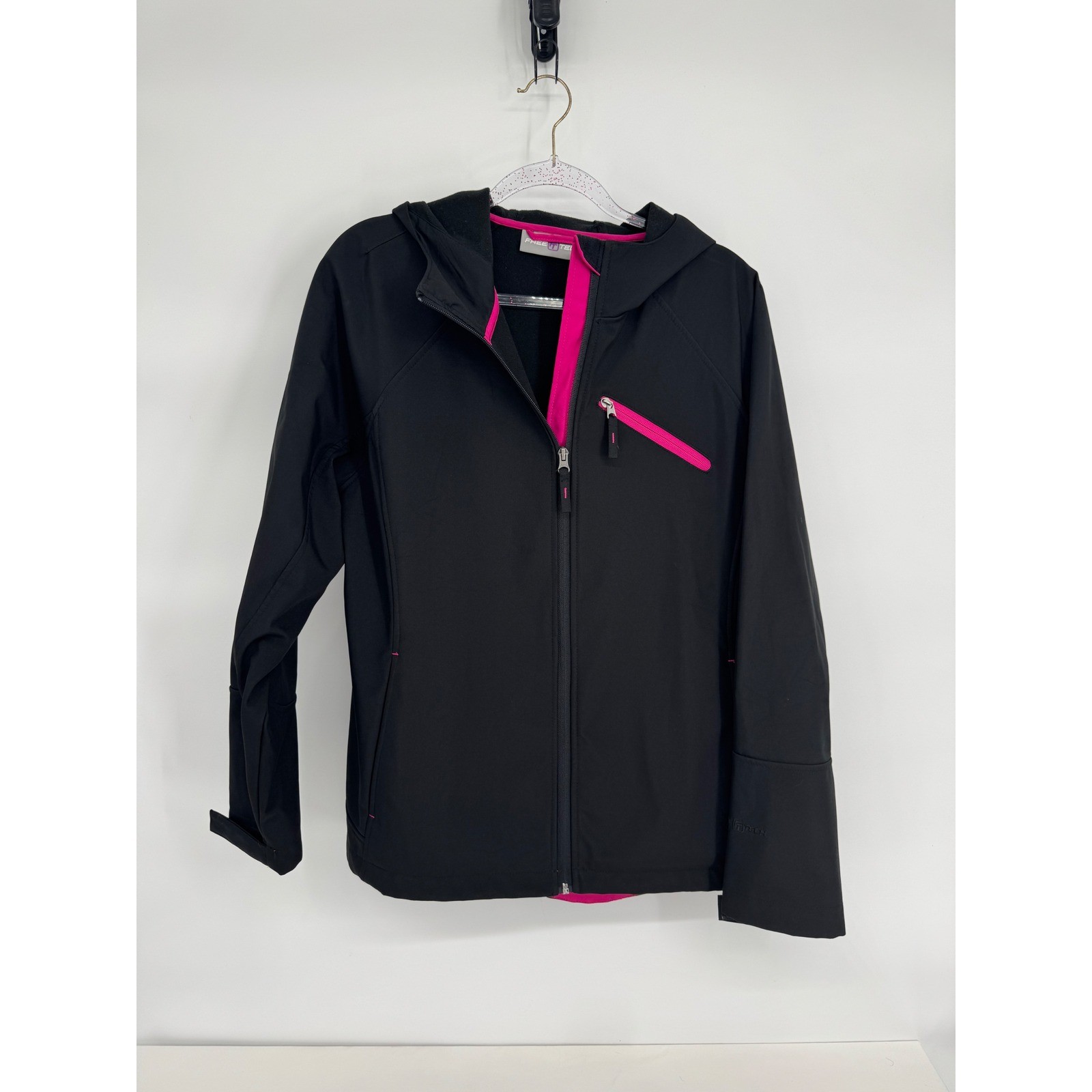 FreeTech Womens Softshell Jacket Black Pink Hooded Full Zip Active Coat Sz 2X