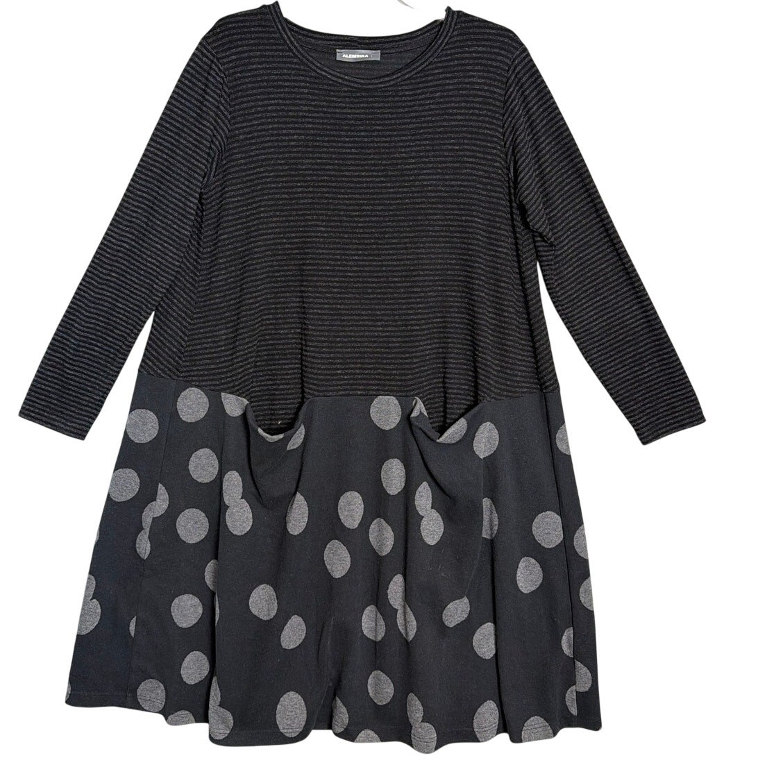 Alembika Fallon Shift Dress Size 1 Stripes Polka Dots Gray Black Lagenlook Style