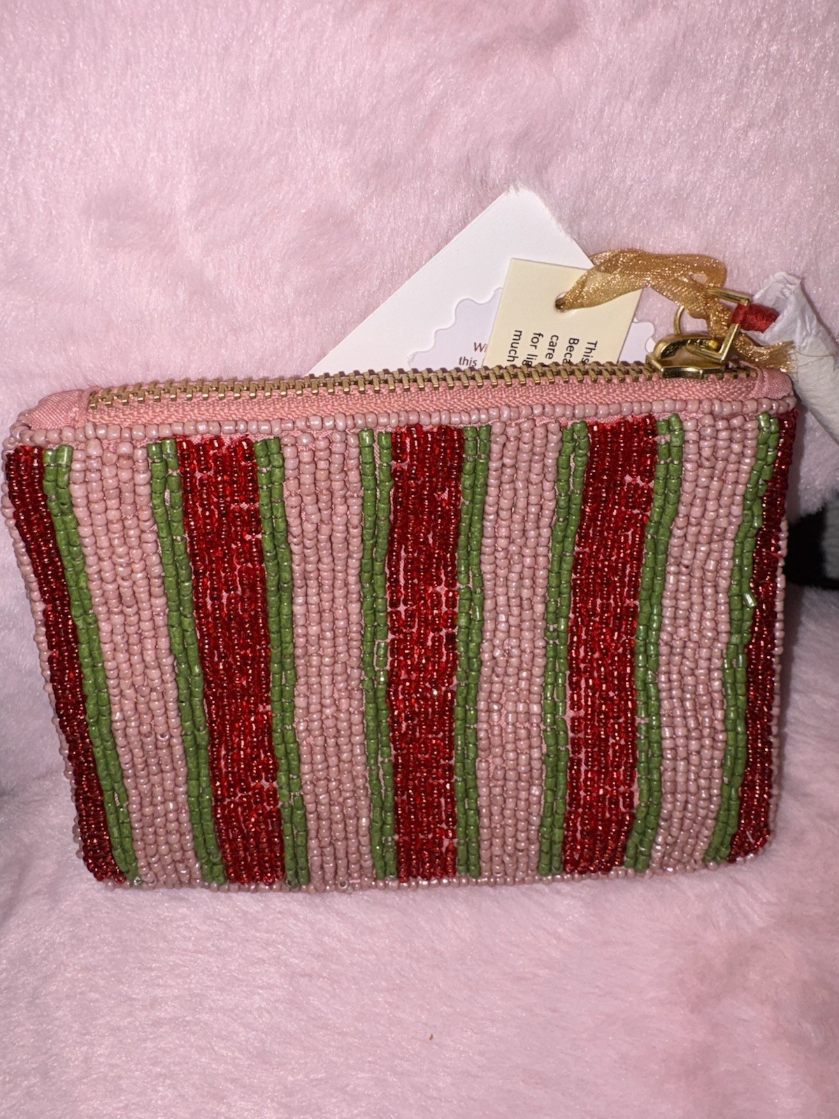 Handmade Pink Beaded Strawberry Striped Zip Coin Wallet Pouch for Women