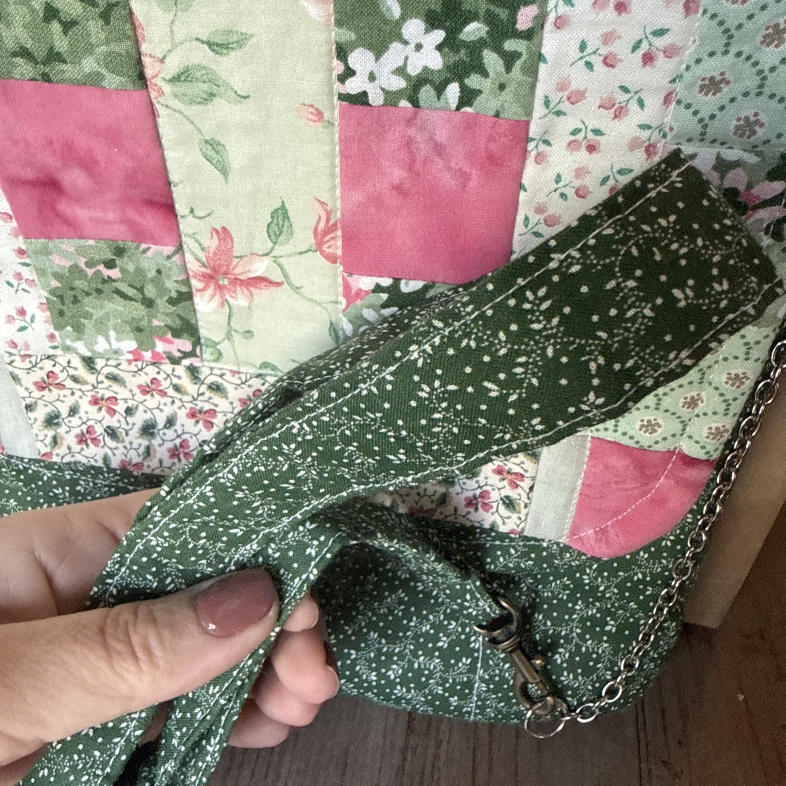 Homemade Quilted Cottage Core Cross Body Bag W/ Chain And Fabric Strap And Snap