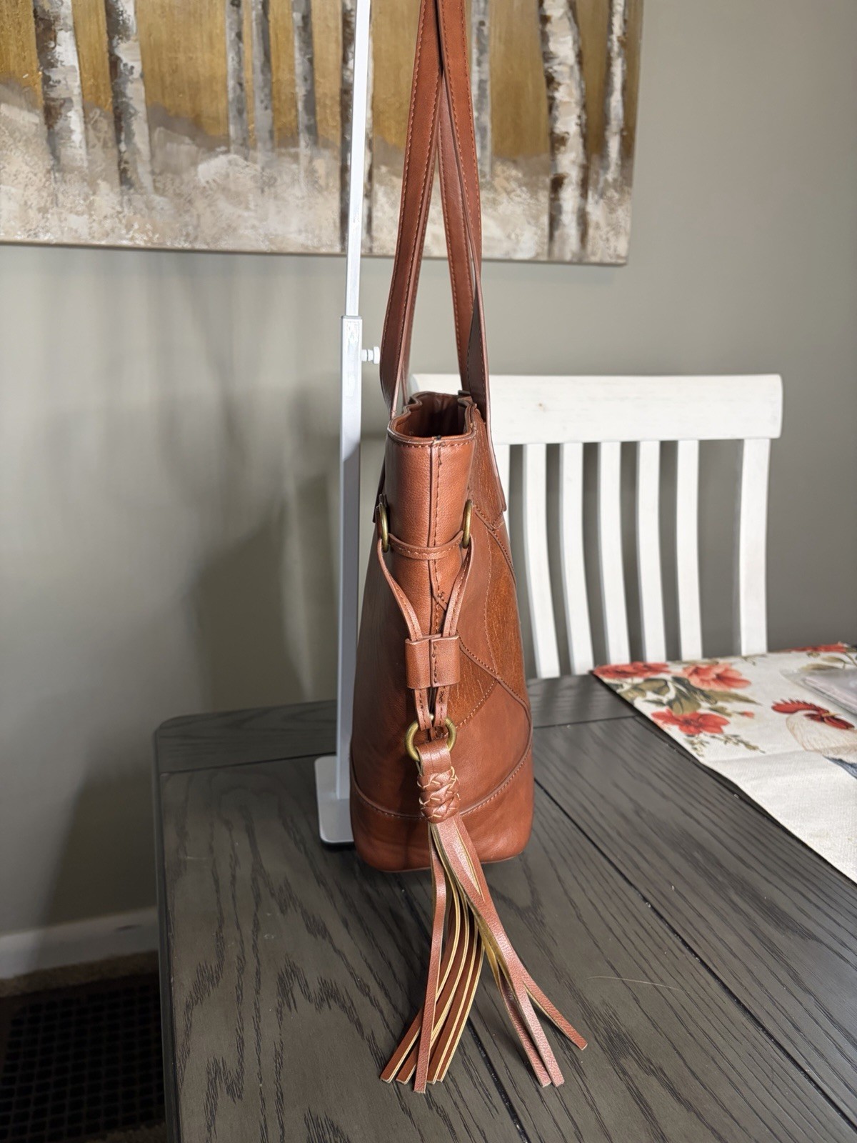 Frye Brown Large Tote Shoulder Bag Tassel Stitching Lined Pockets