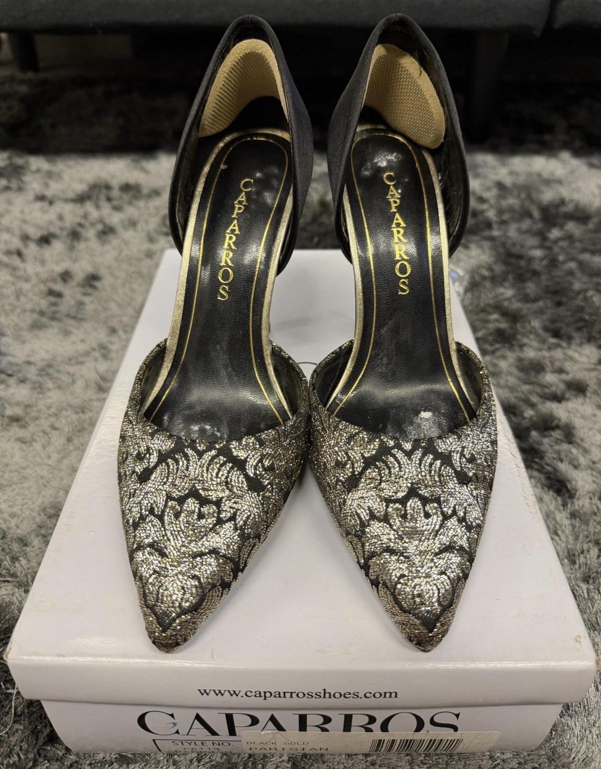 Caparros Black Gold Leather Floral Brocade Slip On Pointed Toe Pump 8M F6113