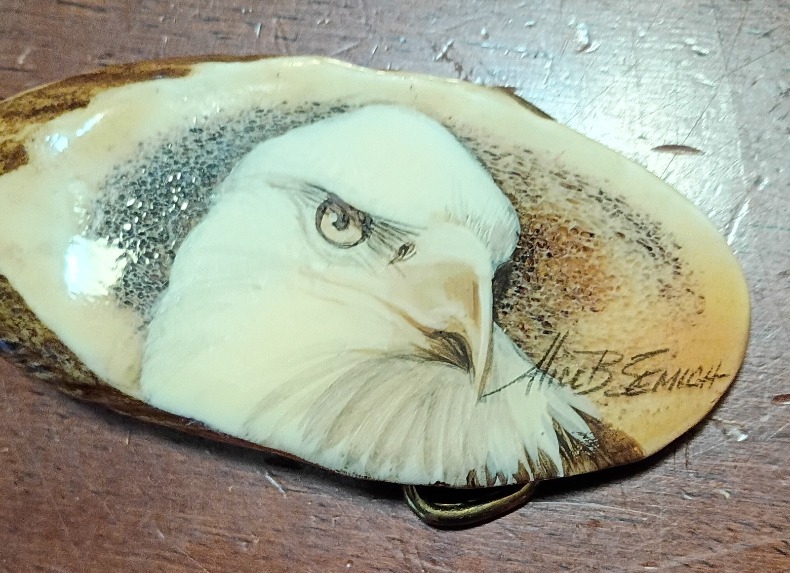 VINTAGE ANTLER BELT BUCKLE BALD EAGLE PAINTING USA ALICE B SEMICH NOS NICE!