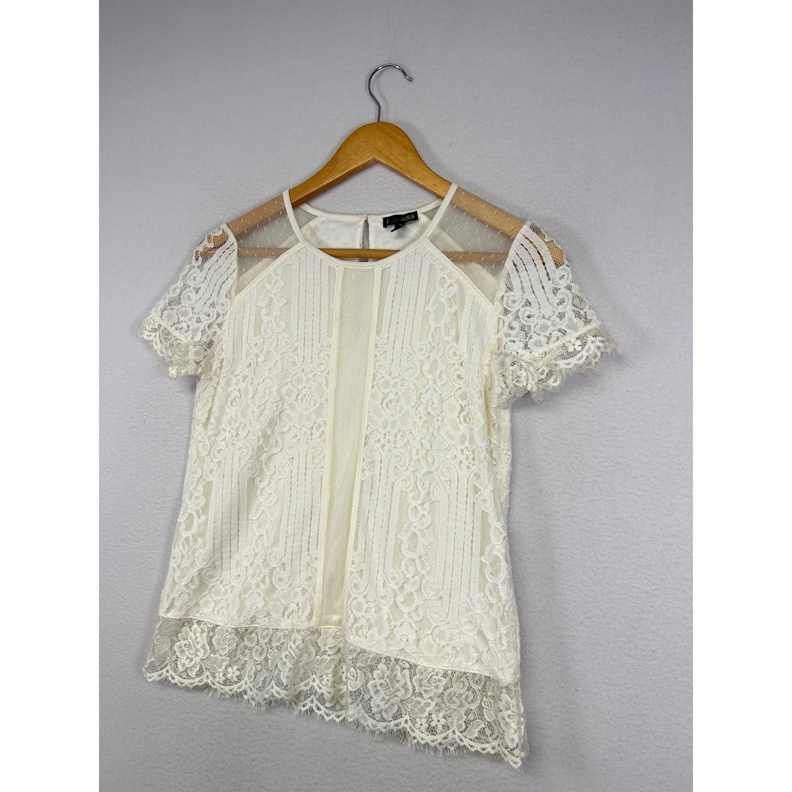 Romantic Coquette Express Womens Small Ivory Floral Lace Swiss Dot Mesh Blouse